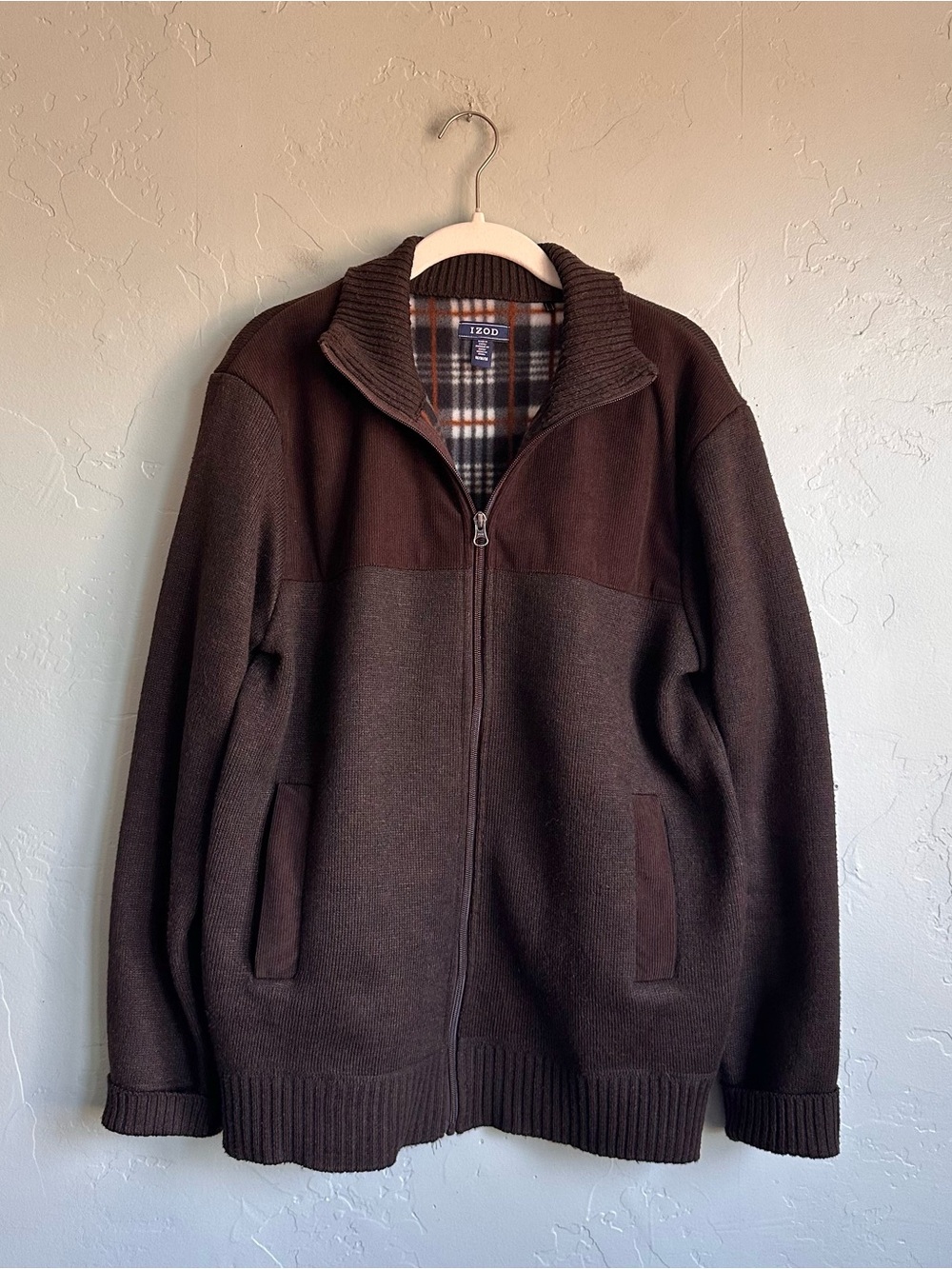 Izod Men's Brown Full-Zip Fleece Lined Knit Sweater Jacket Medium Preppy Fall